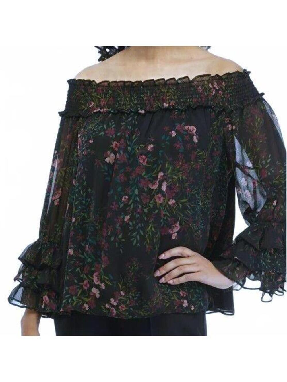 CeCe Dark Floral Off The Shoulder Blouse Smocked Ruffle Sleeve Top Size PXS